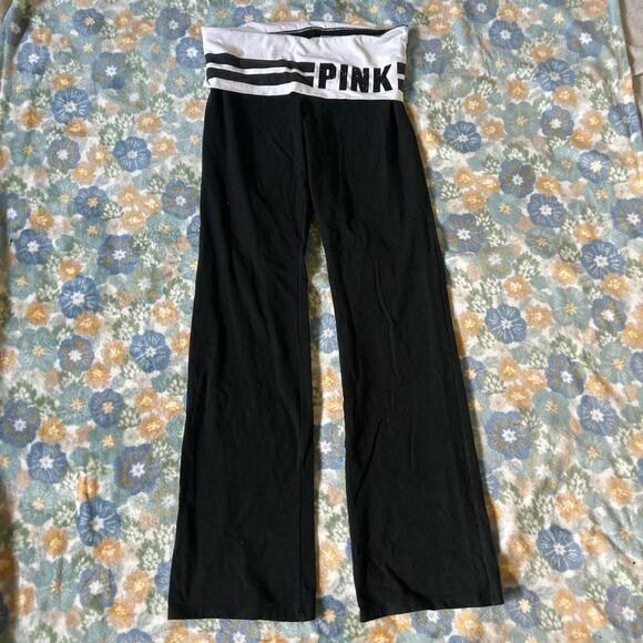 Victoria's Secret PINK black & white fold over yoga pants women's large long - Picture 1 of 4